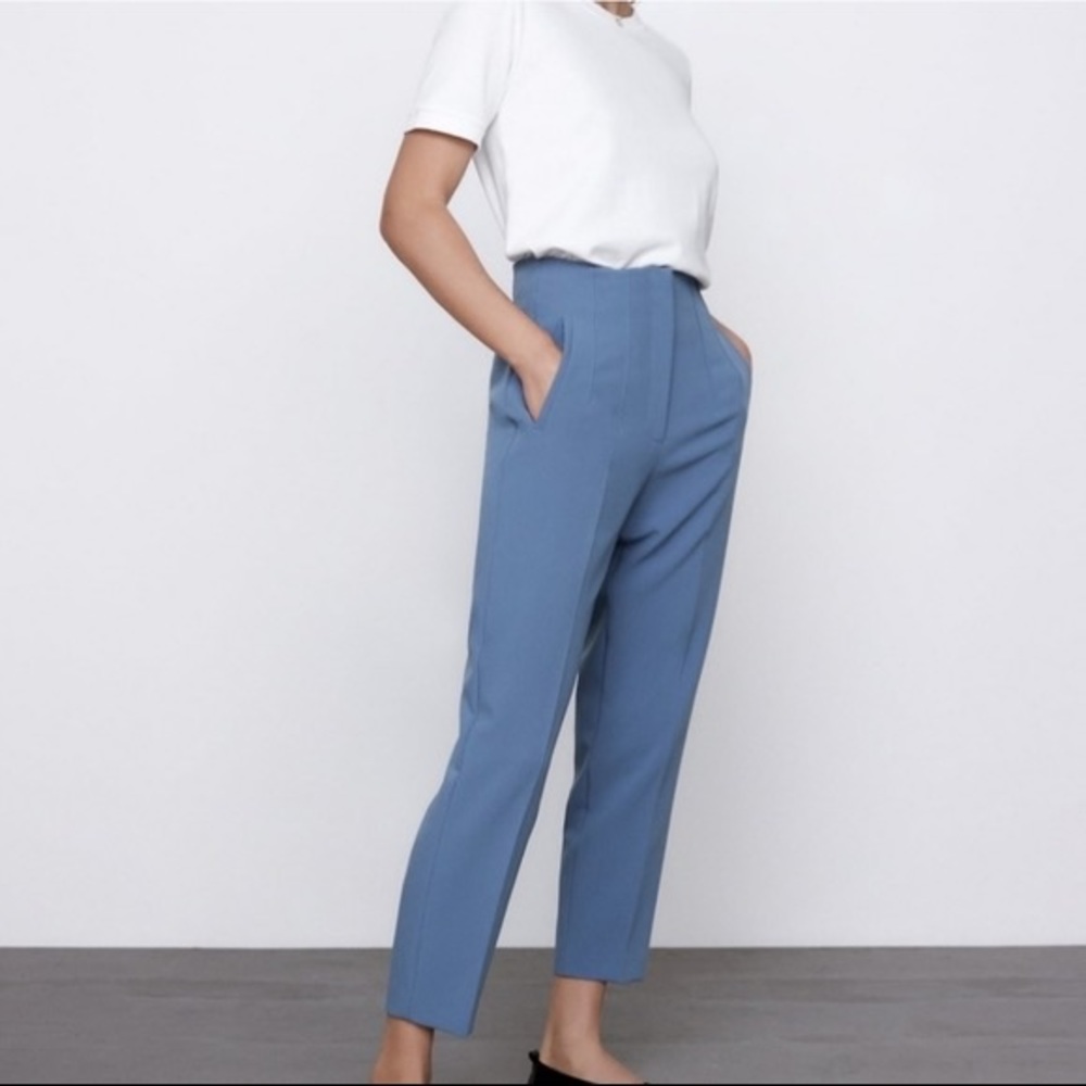 Zara High-Waisted Tapered Trousers in Dusty Blue